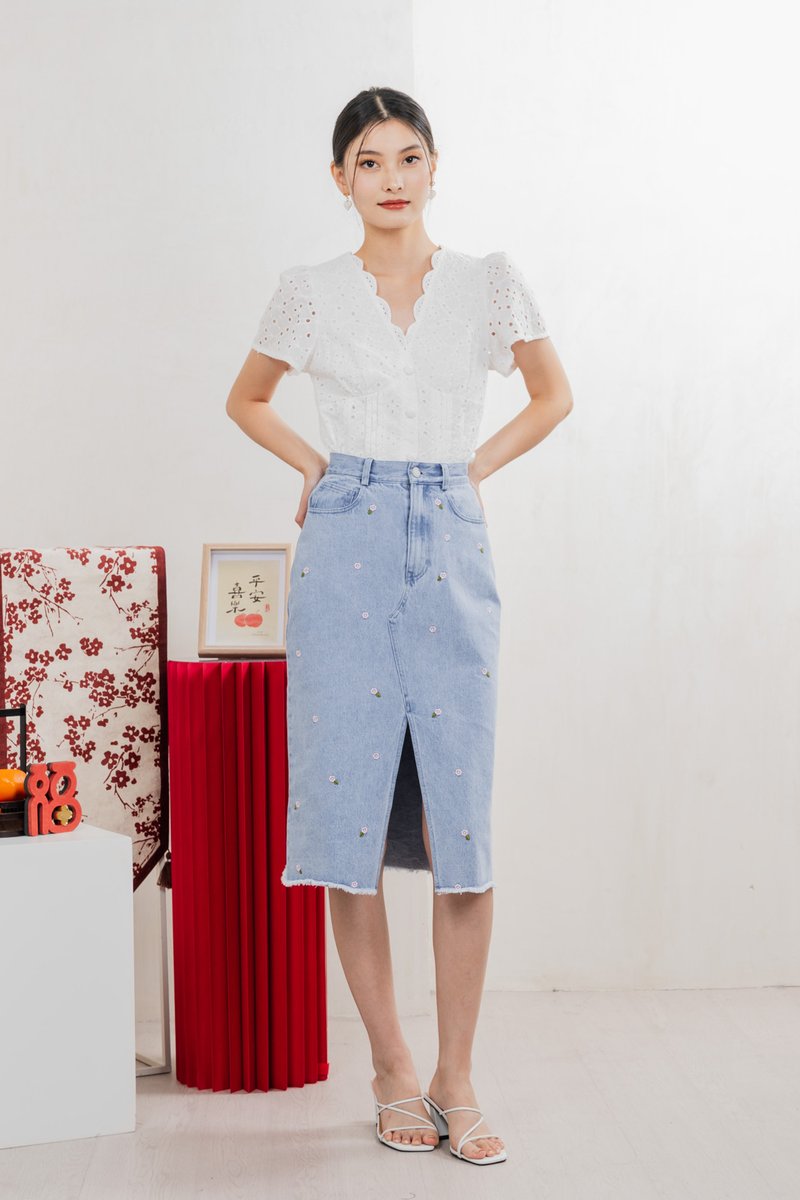 Lotus Denim Midi Skirt In Light Wash