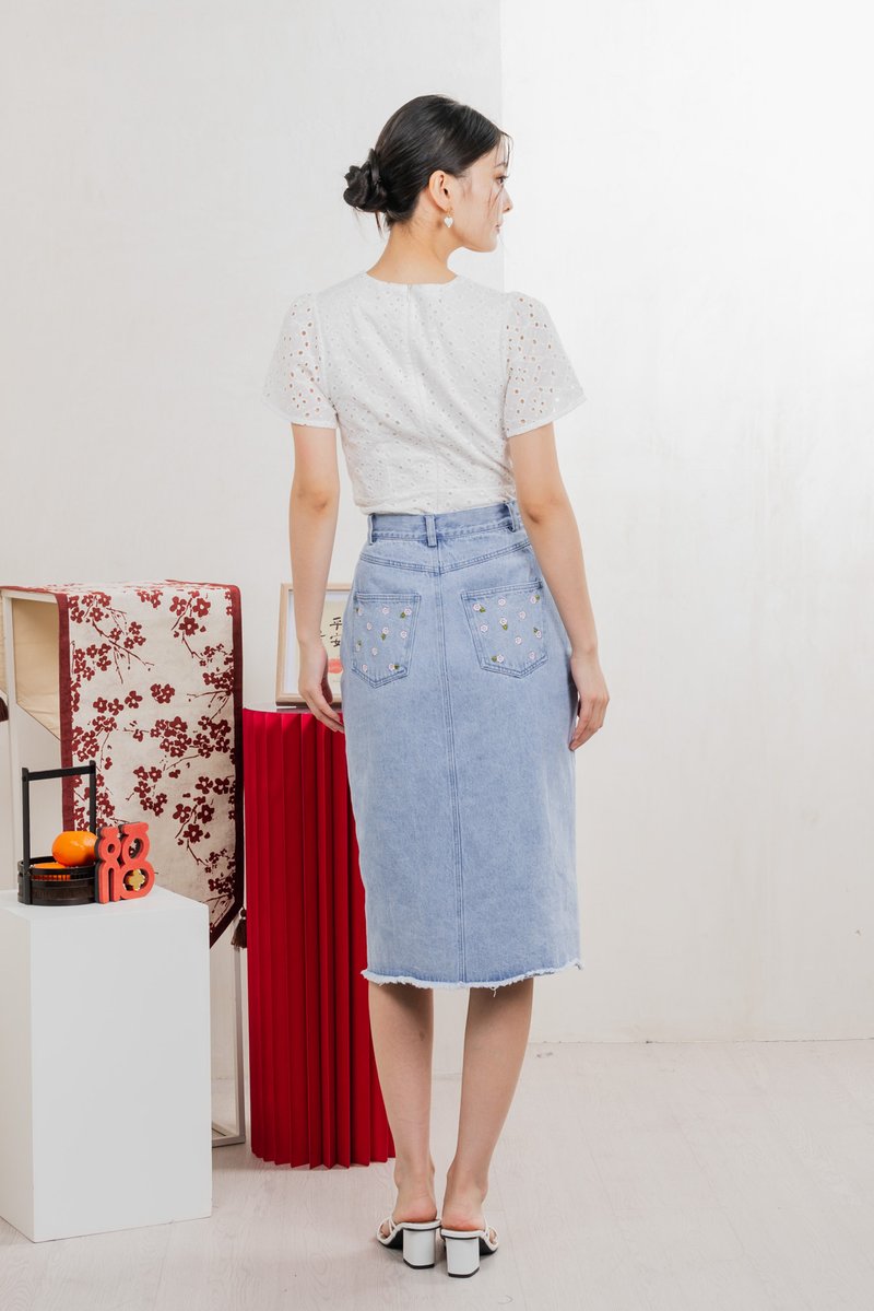Lotus Denim Midi Skirt In Light Wash