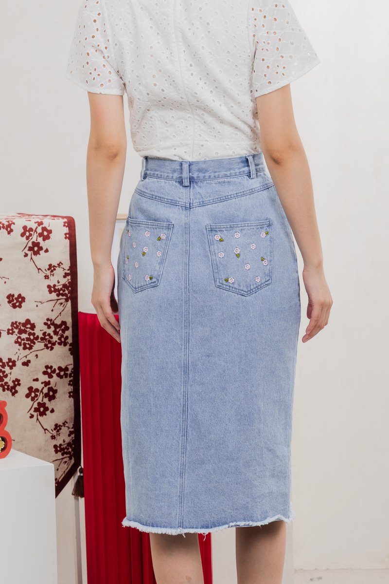 Lotus Denim Midi Skirt In Light Wash