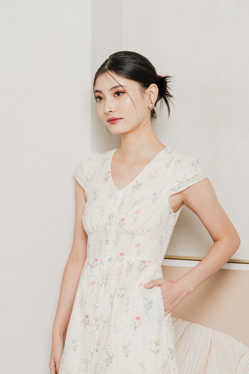 Spring Melody Eyelet Buttons Midi Dress