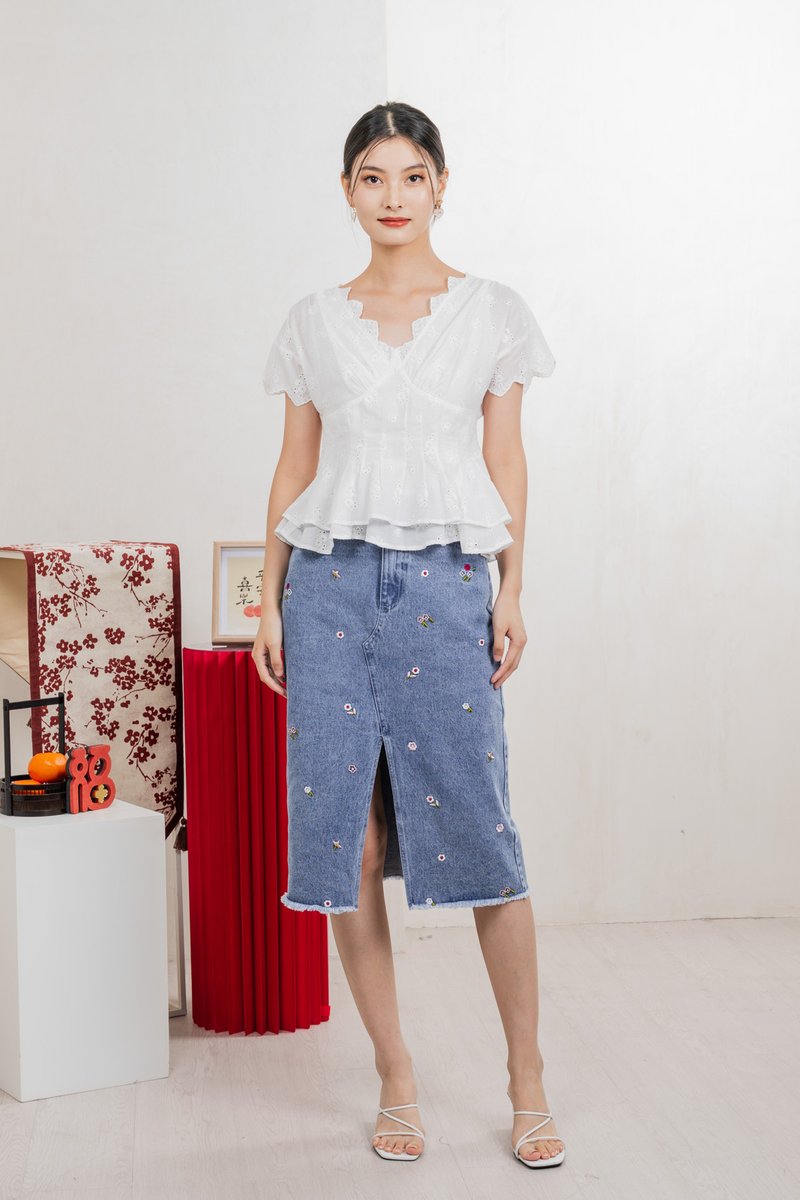 Nancie Floral Eyelet Empire Top In White