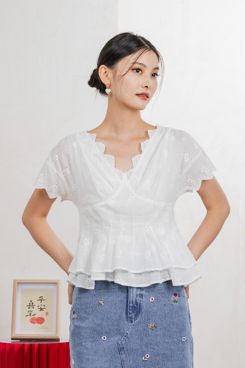Nancie Floral Eyelet Empire Top In White