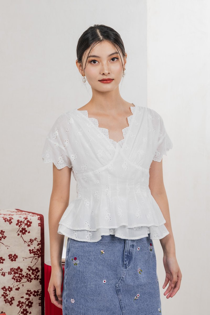 Nancie Floral Eyelet Empire Top In White