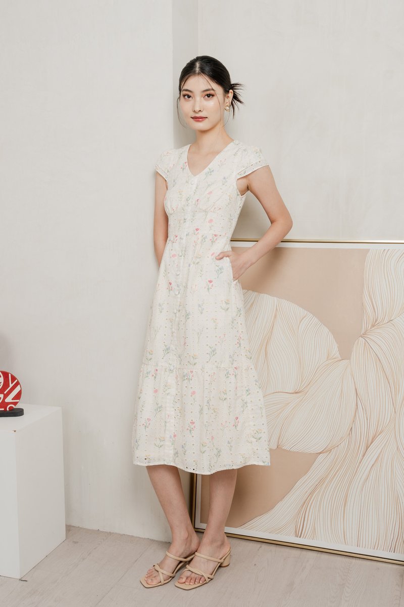 Spring Melody Eyelet Buttons Midi Dress