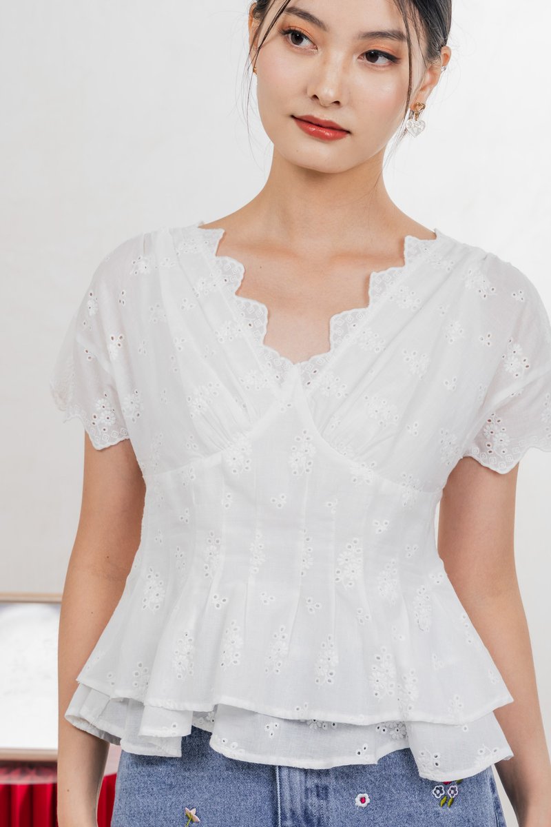 Nancie Floral Eyelet Empire Top In White