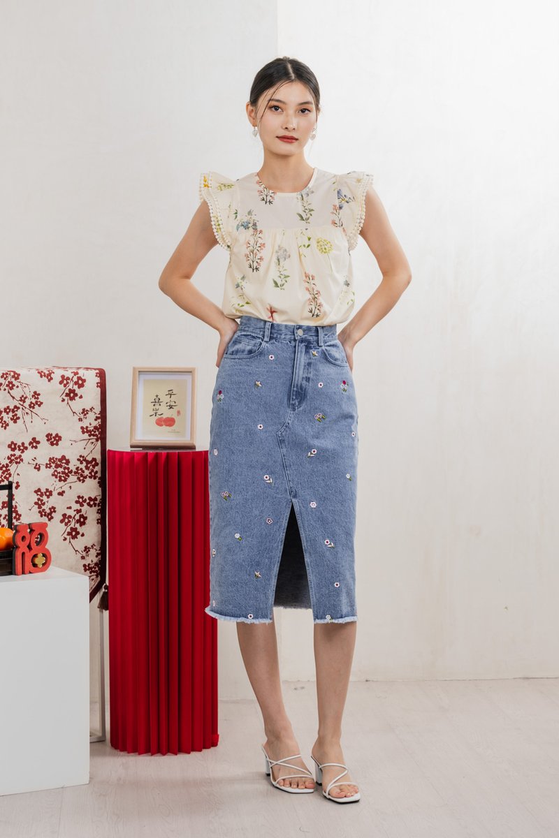 Asters Denim Midi Skirt In Mid Wash
