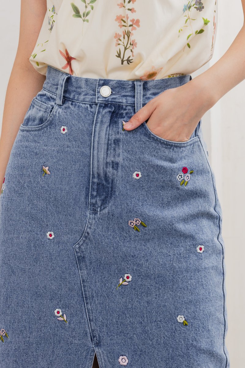 Asters Denim Midi Skirt In Mid Wash
