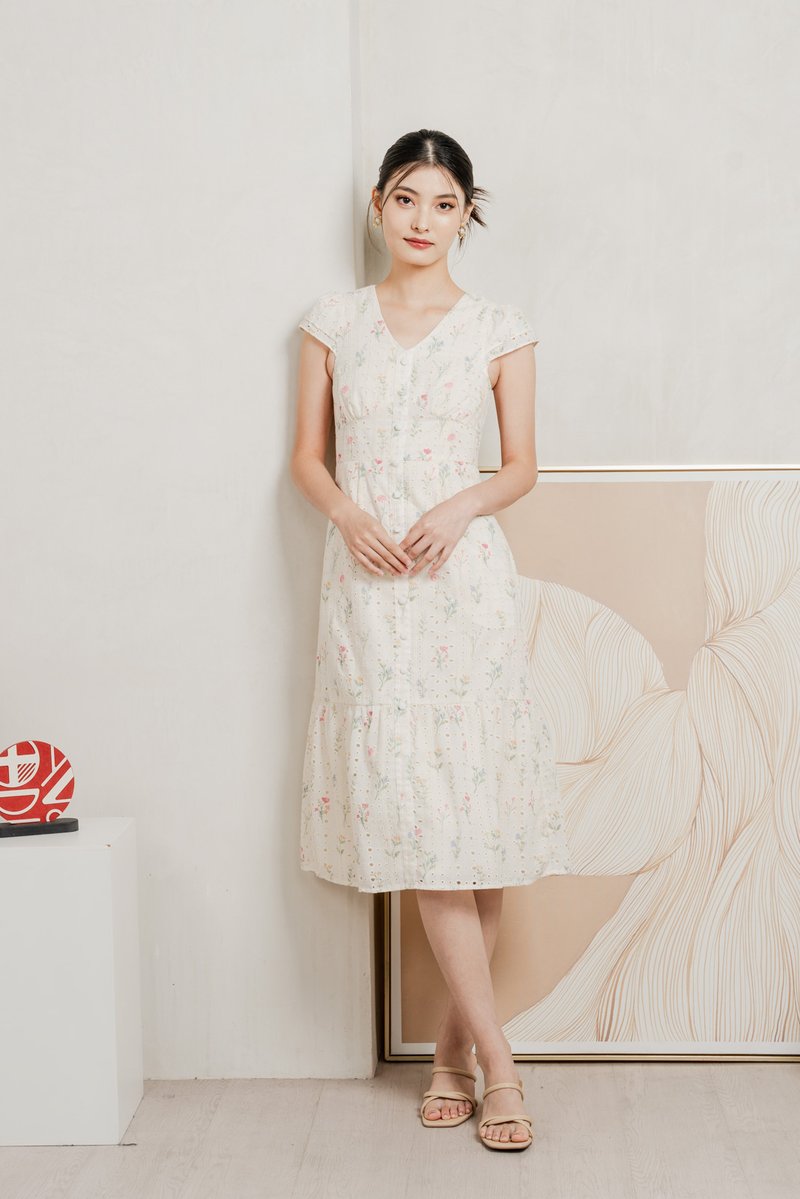 Spring Melody Eyelet Buttons Midi Dress