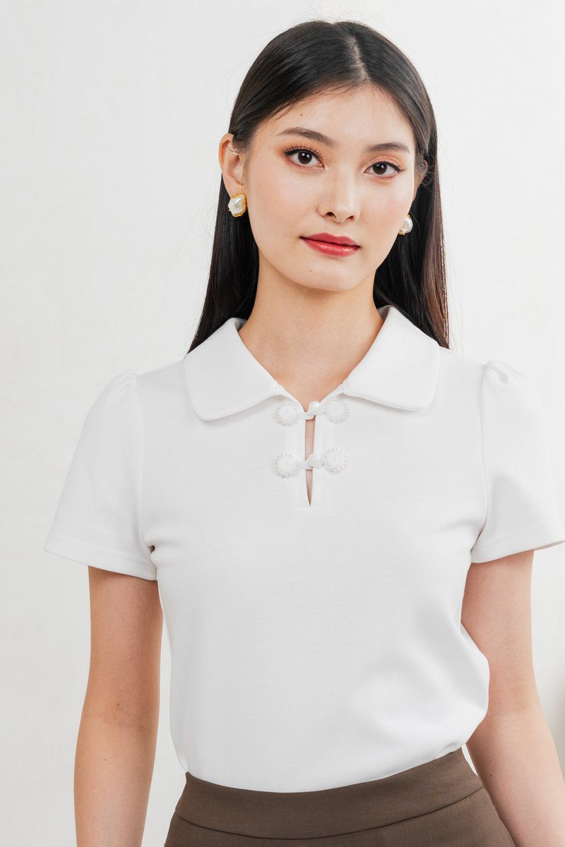 Yue Pearl Cheongsam Polo Top In White