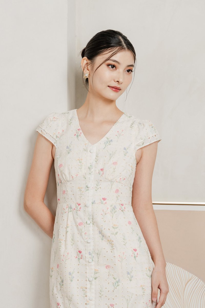 Spring Melody Eyelet Buttons Midi Dress