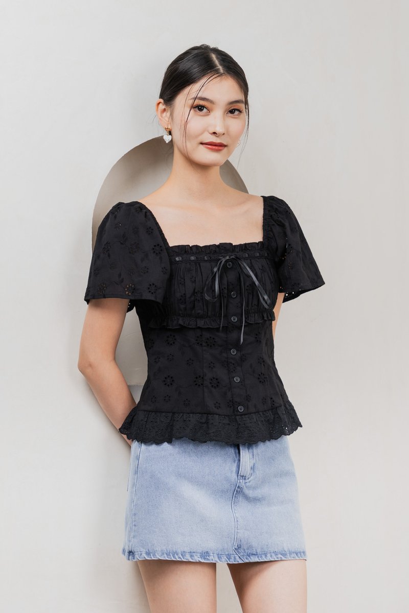 Simplicite Eyelet Ribbonette Top In Black