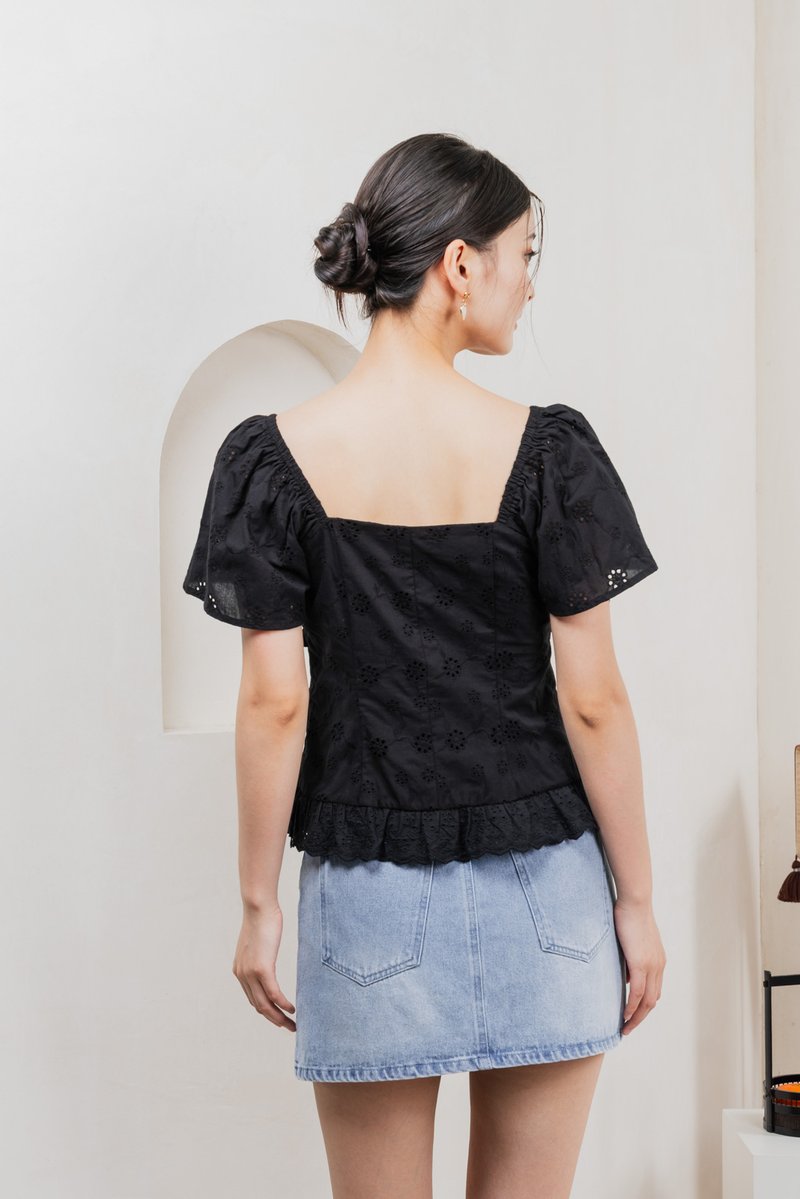 Simplicite Eyelet Ribbonette Top In Black