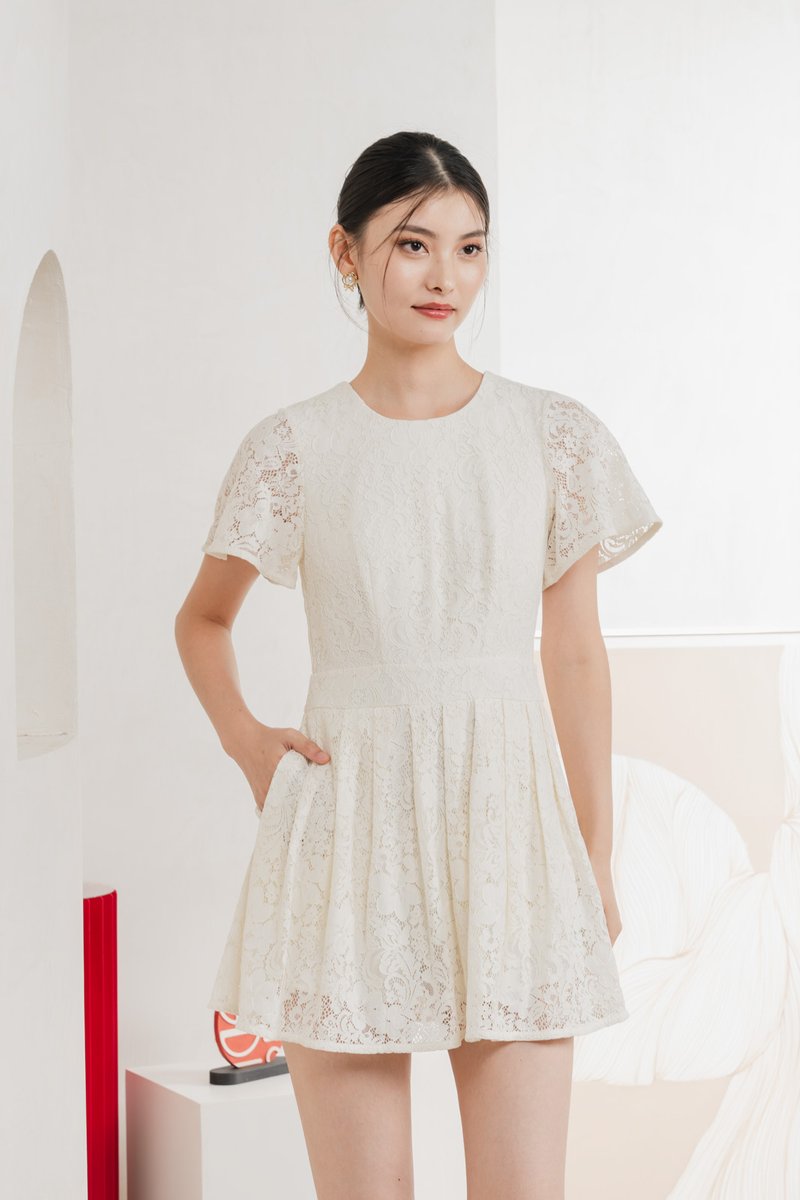 Oriental Pleated Lace Romper In Vanilla
