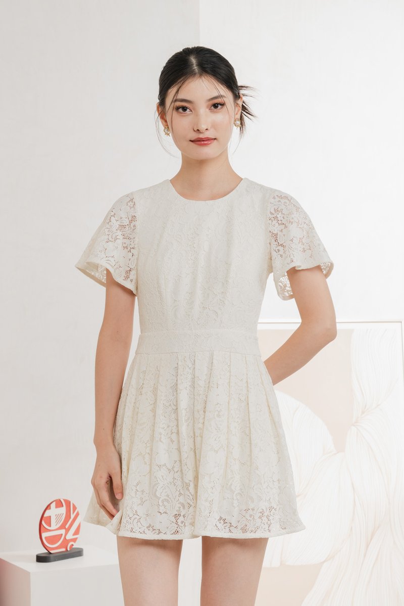 Oriental Pleated Lace Romper In Vanilla