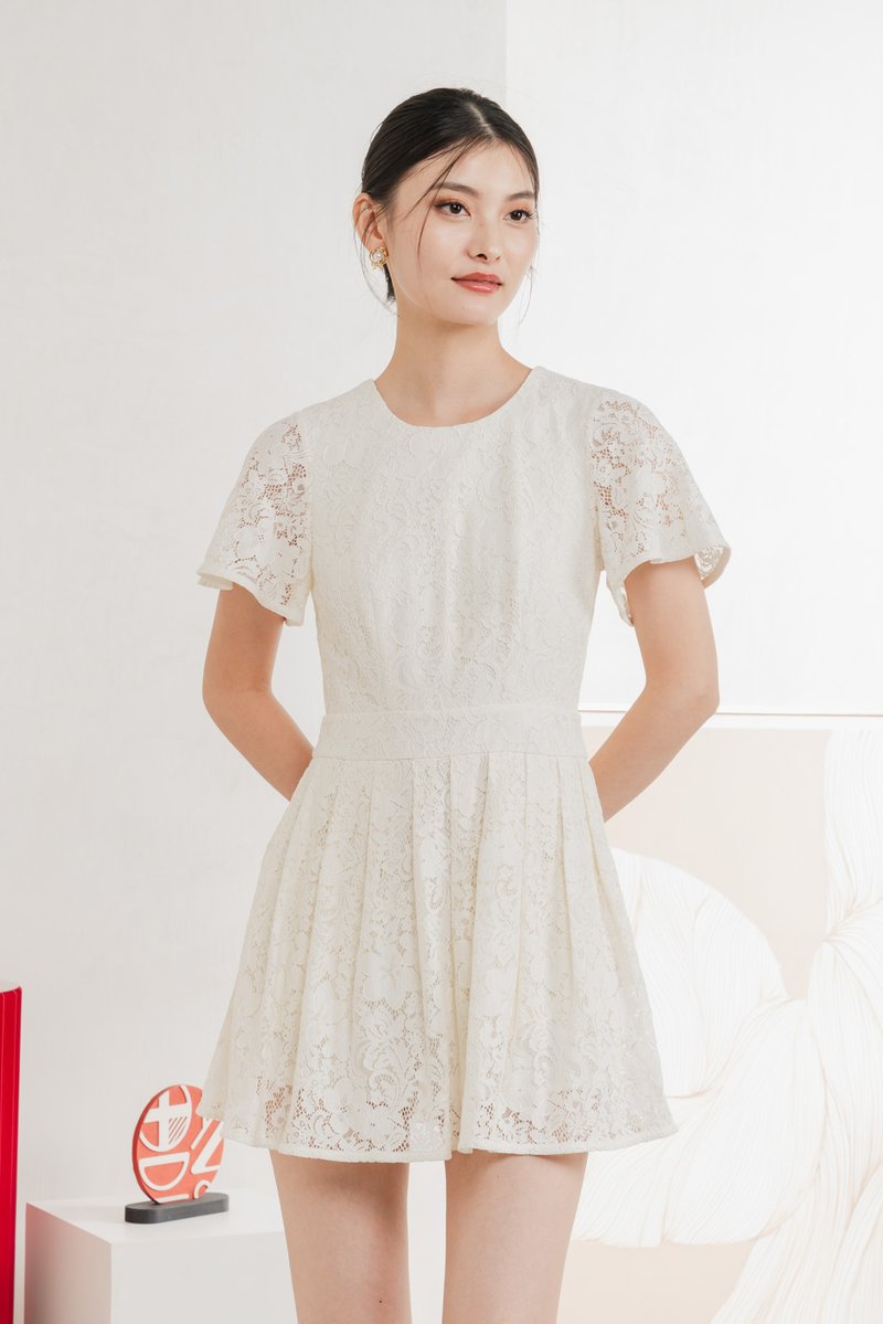 Oriental Pleated Lace Romper In Vanilla