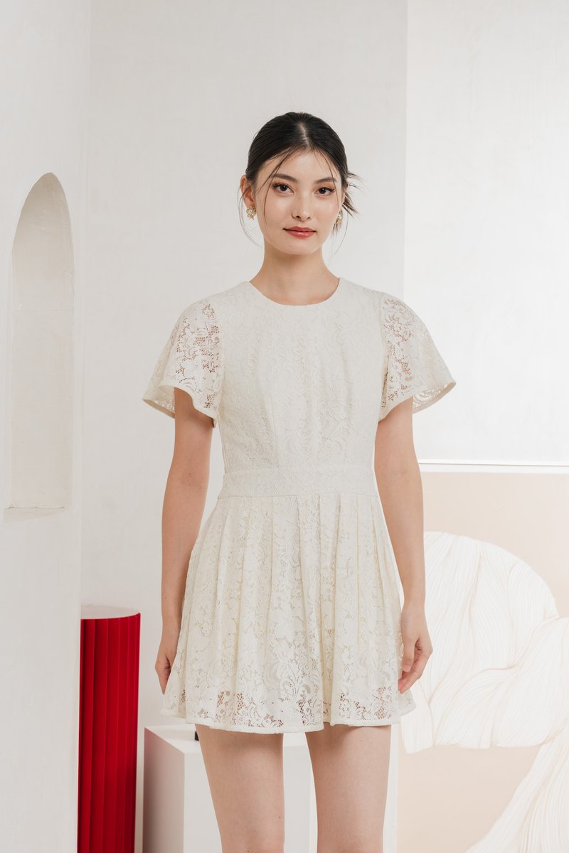 Oriental Pleated Lace Romper In Vanilla
