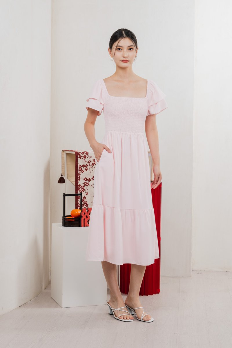 Naia Smocked Flare Sleeves Midi Dress In Pastel Pink