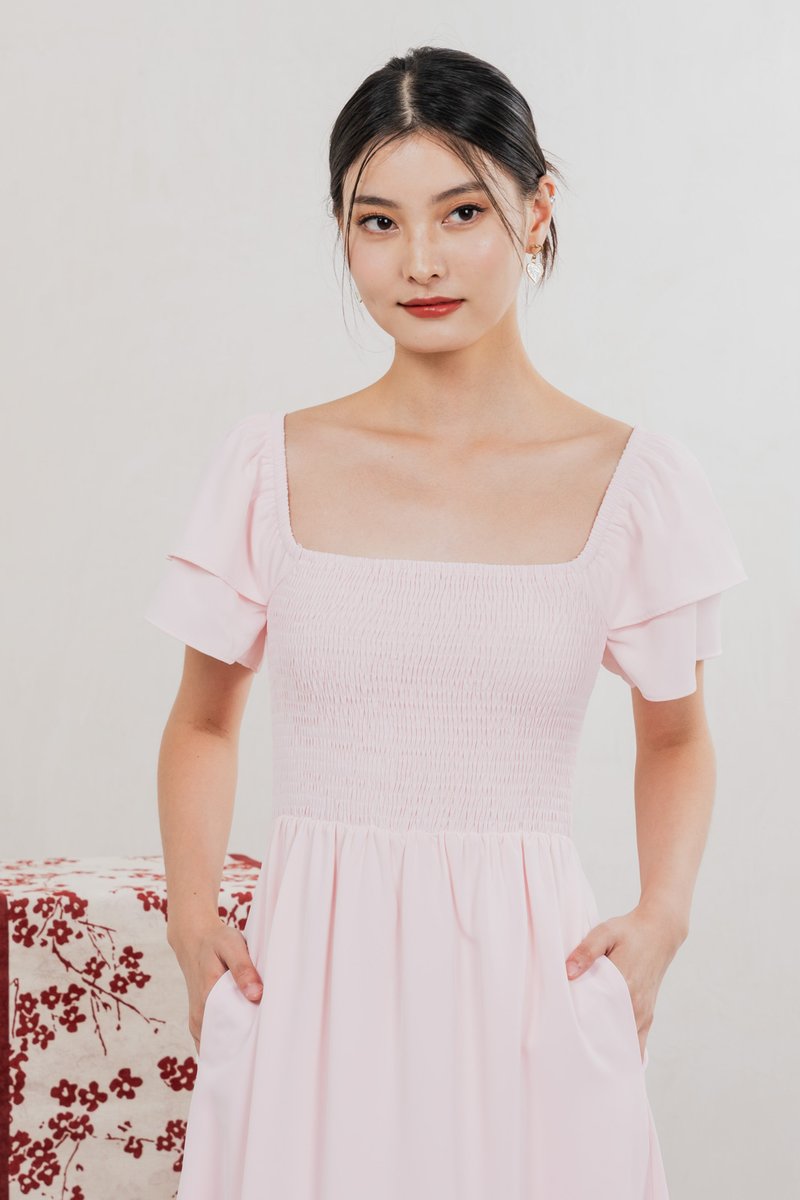 Naia Smocked Flare Sleeves Midi Dress In Pastel Pink