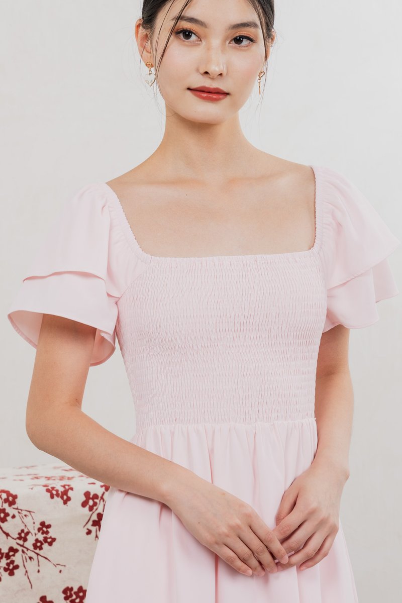 Naia Smocked Flare Sleeves Midi Dress In Pastel Pink