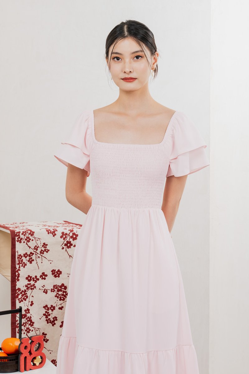 Naia Smocked Flare Sleeves Midi Dress In Pastel Pink