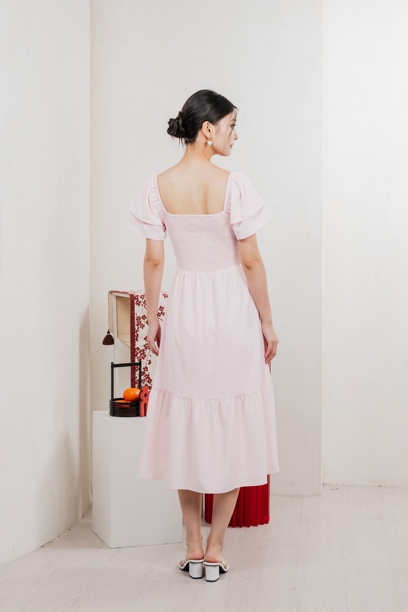 Naia Smocked Flare Sleeves Midi Dress In Pastel Pink