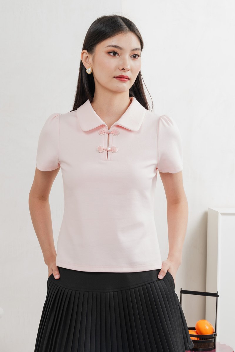 Yue Pearl Cheongsam Polo Top In Pastel Pink