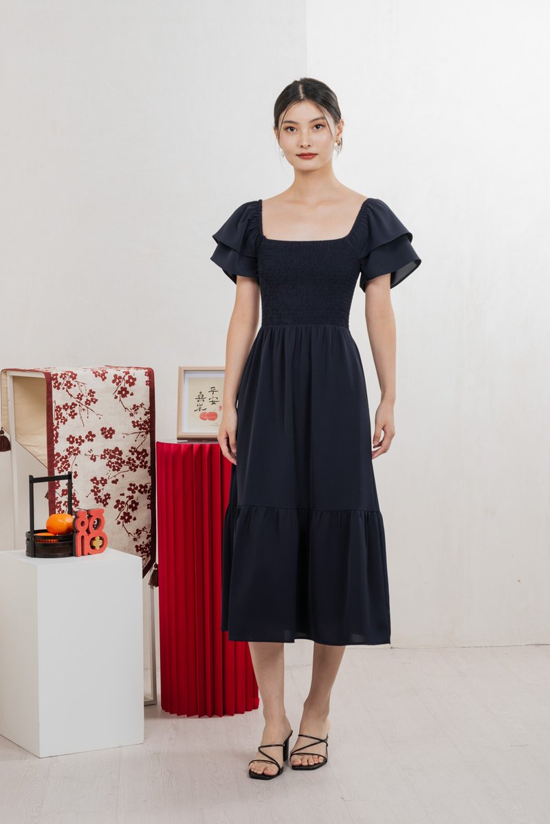 Naia Smocked Flare Sleeves Midi Dress In Navy (XS)