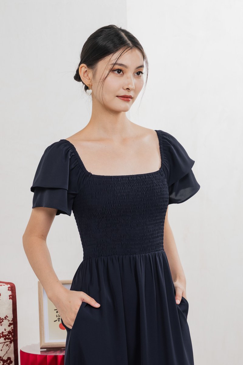 Naia Smocked Flare Sleeves Midi Dress In Navy (XS)