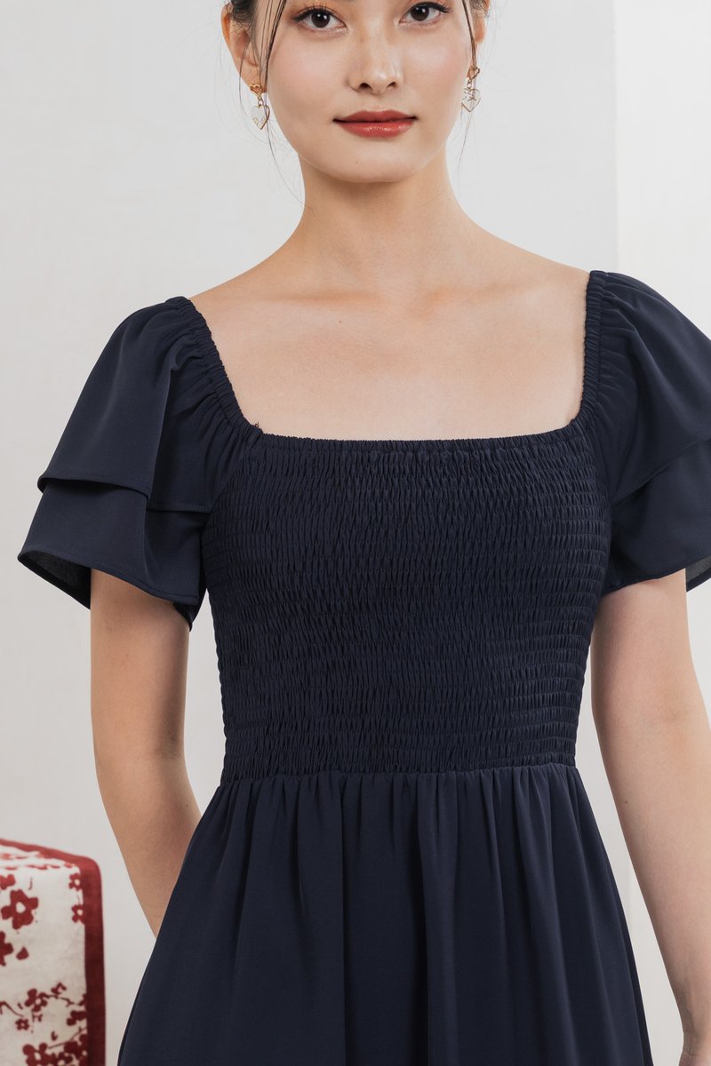 Naia Smocked Flare Sleeves Midi Dress In Navy (XS)