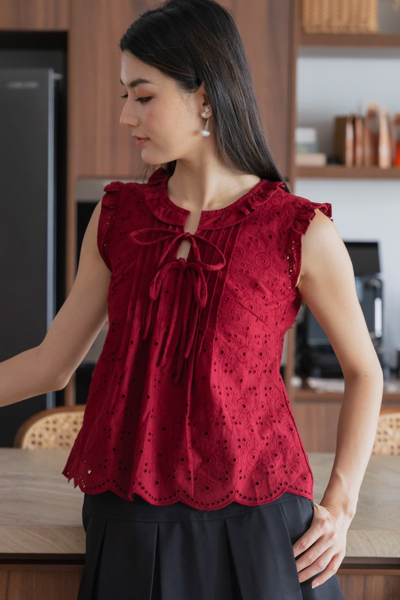Heartstrings Eyelet Ruffles Top In Wine Red