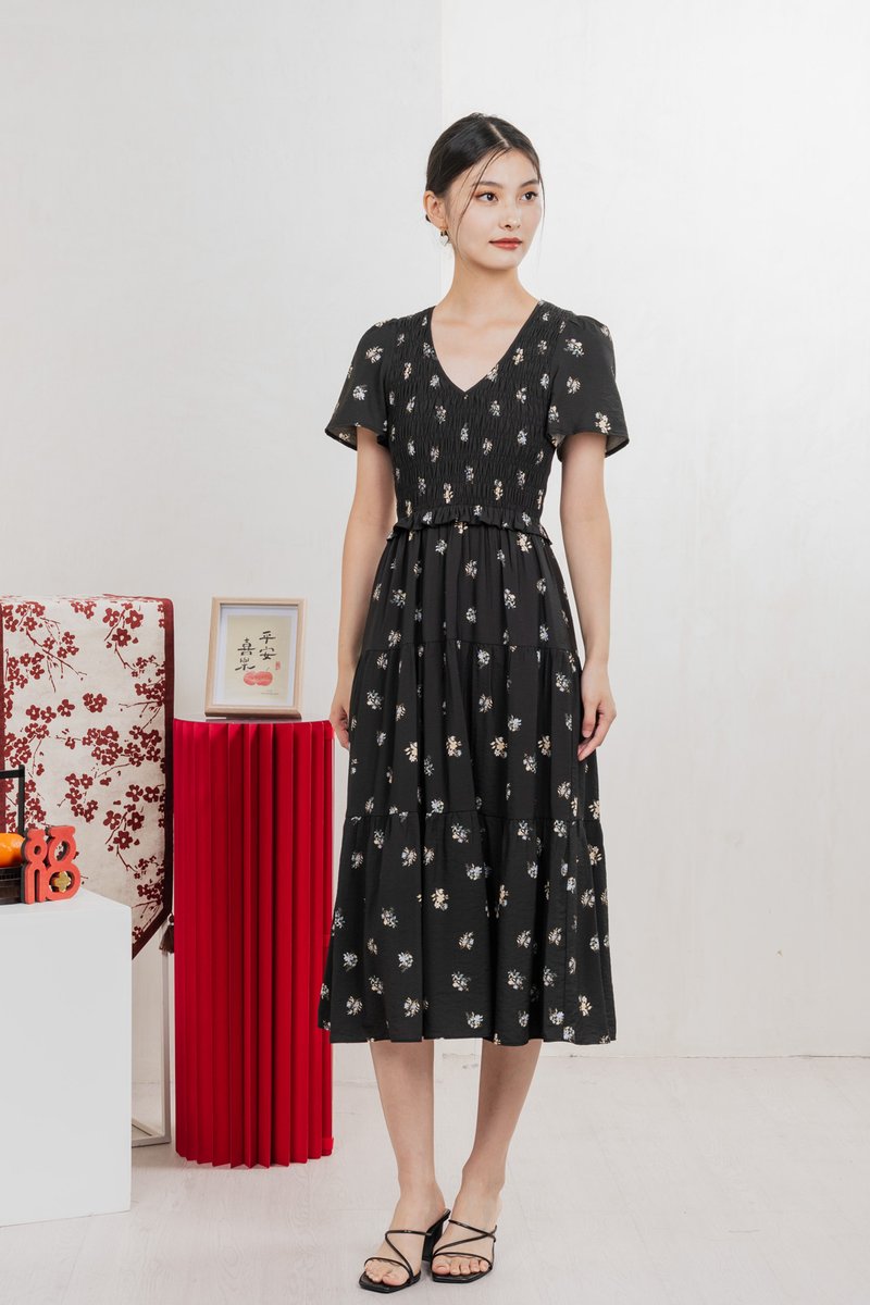 Springfields Smocked Midi Dress In Black