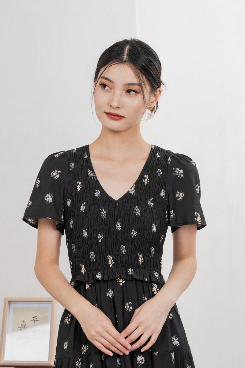 Springfields Smocked Midi Dress In Black