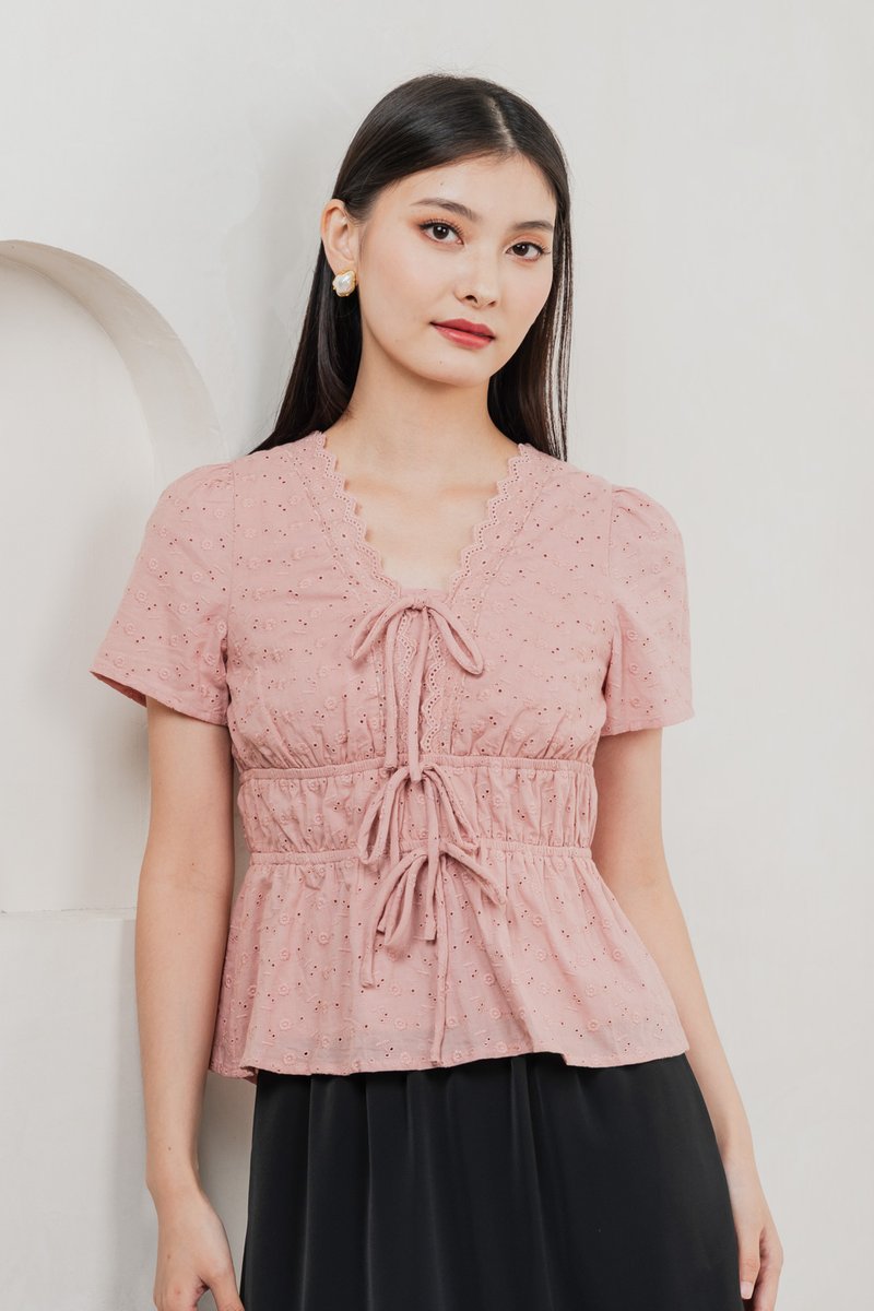 Aviva Eyelet Ribbon Top In Pink