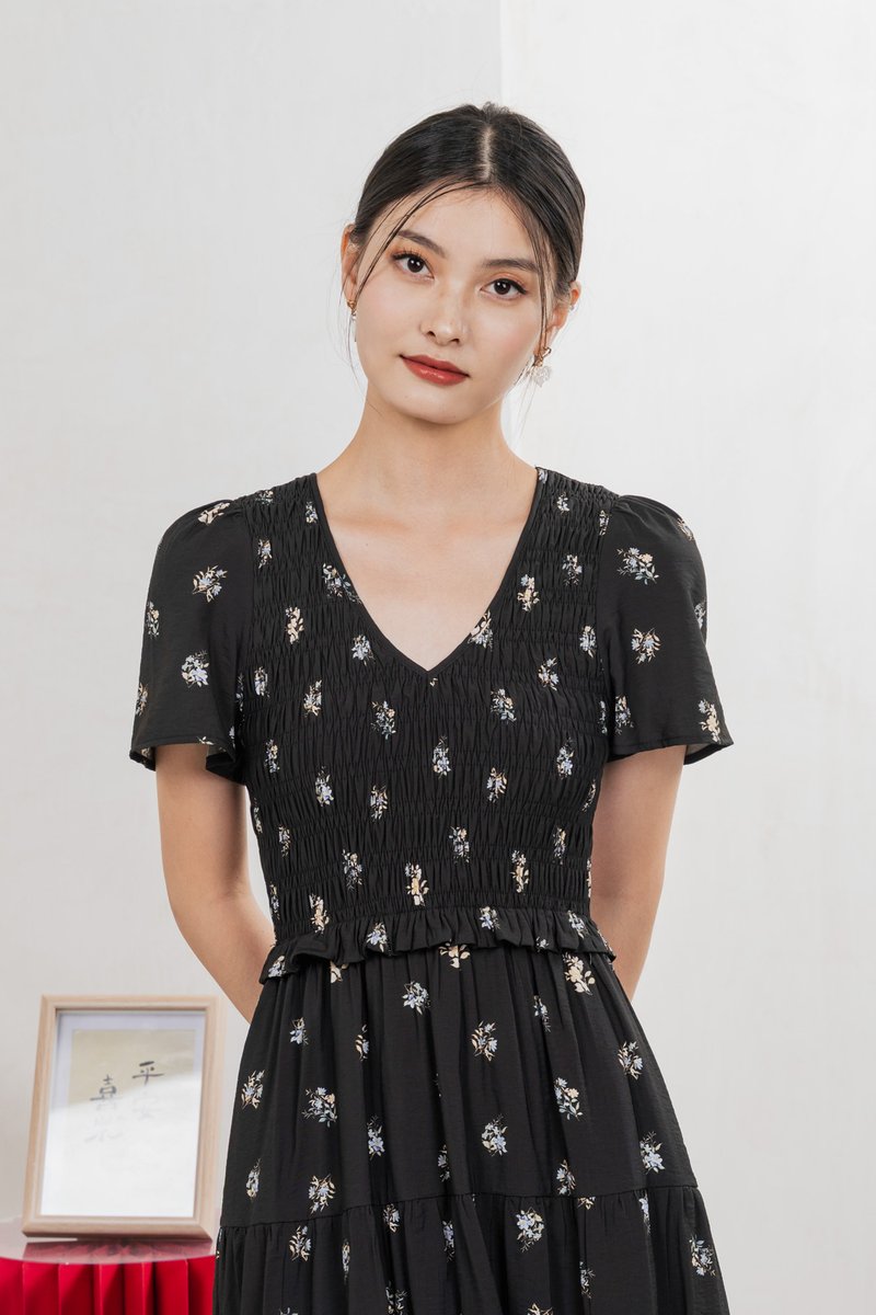 Springfields Smocked Midi Dress In Black