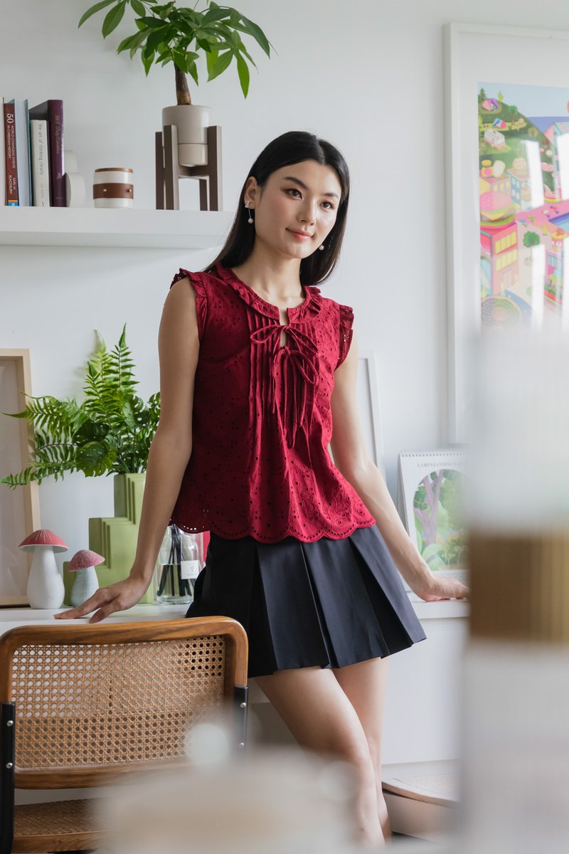 Heartstrings Eyelet Ruffles Top In Wine Red