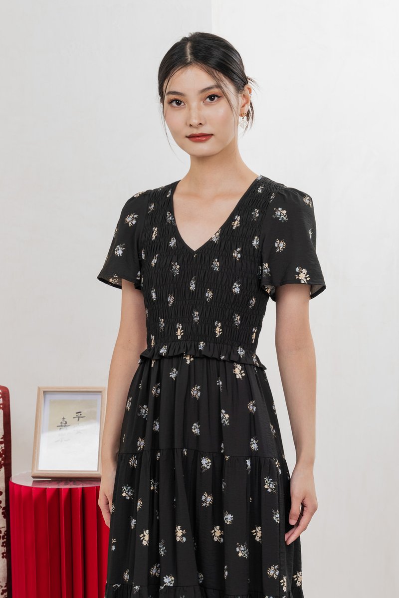 Springfields Smocked Midi Dress In Black