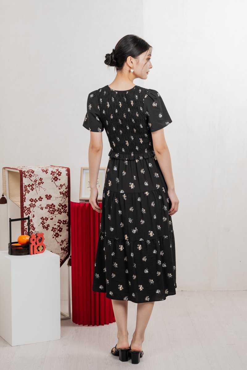 Springfields Smocked Midi Dress In Black