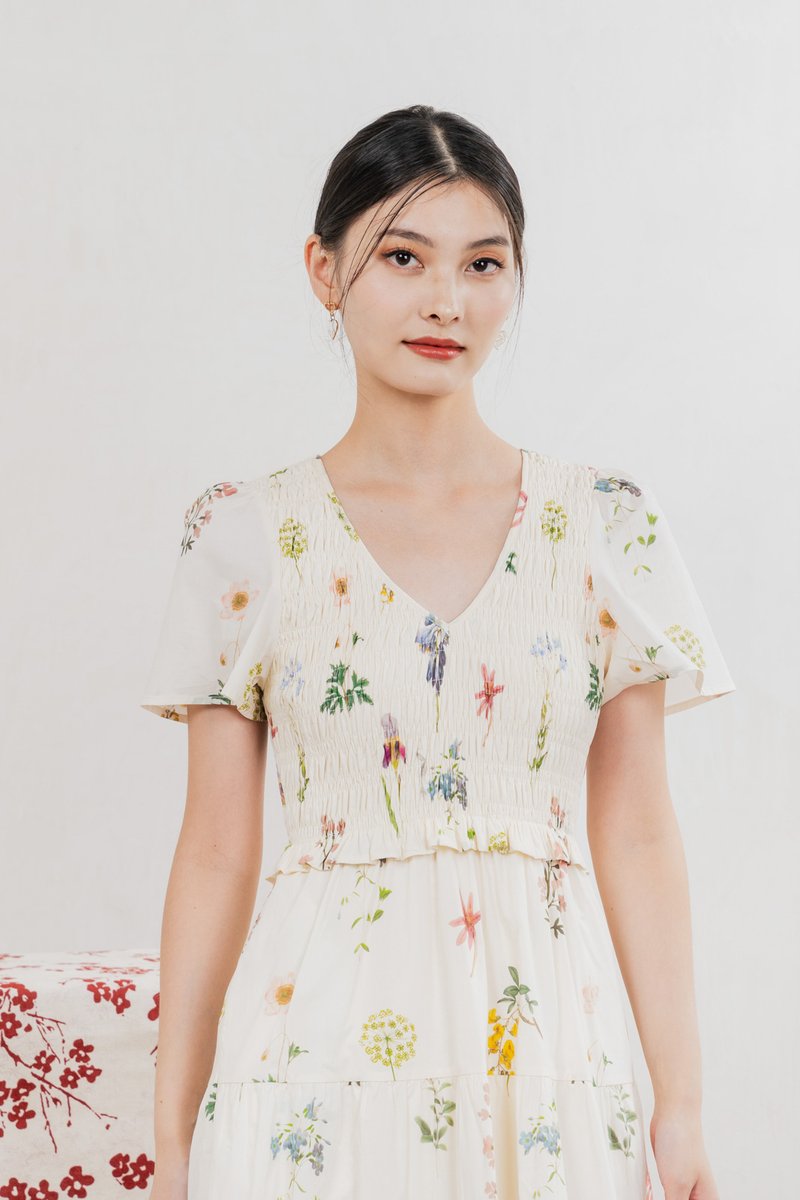 Springfields Smocked Midi Dress In Cream