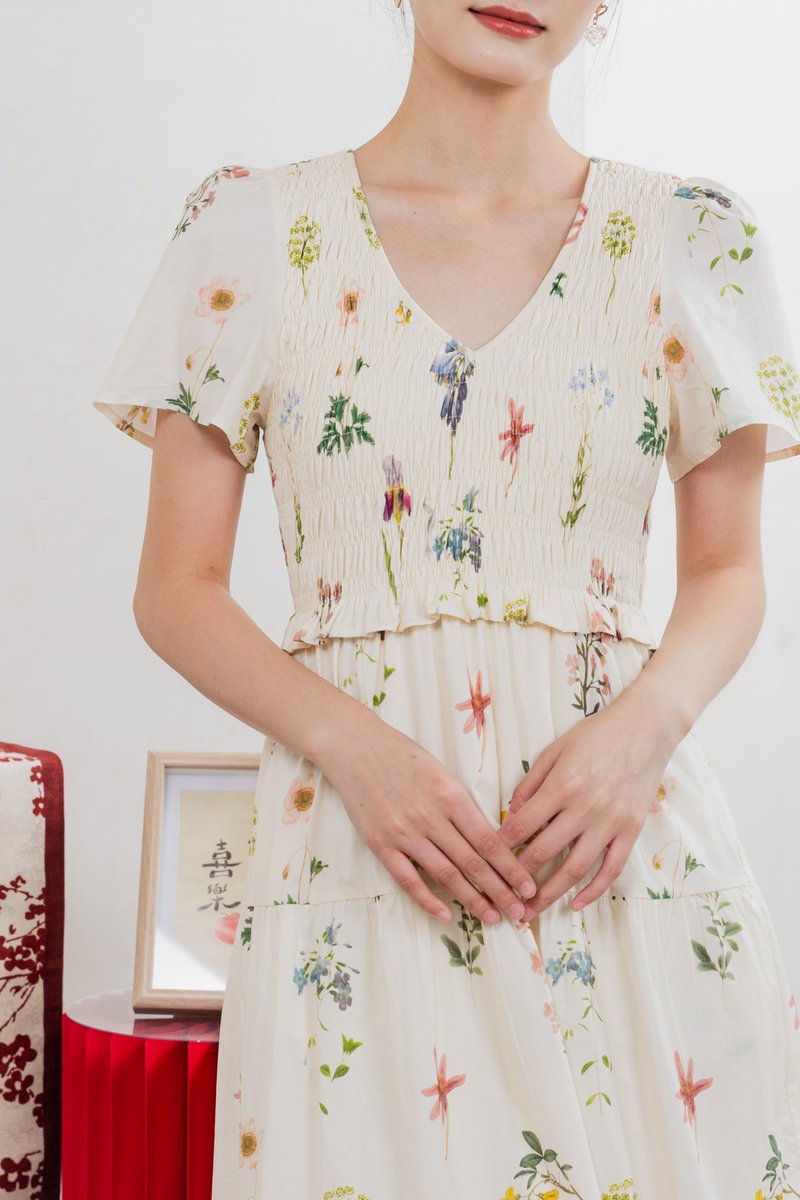 Springfields Smocked Midi Dress In Cream