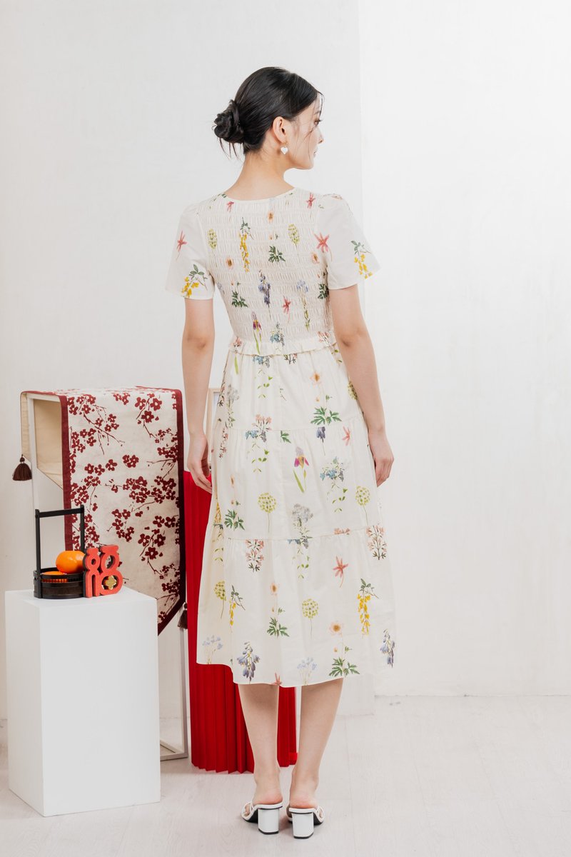 Springfields Smocked Midi Dress In Cream