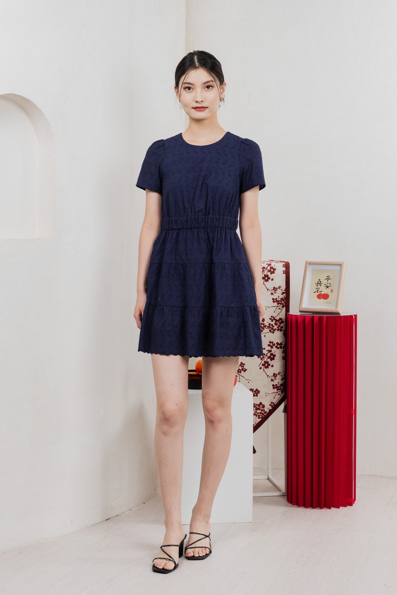 Shine Eyelet Embroidery Tiered Dress In Navy