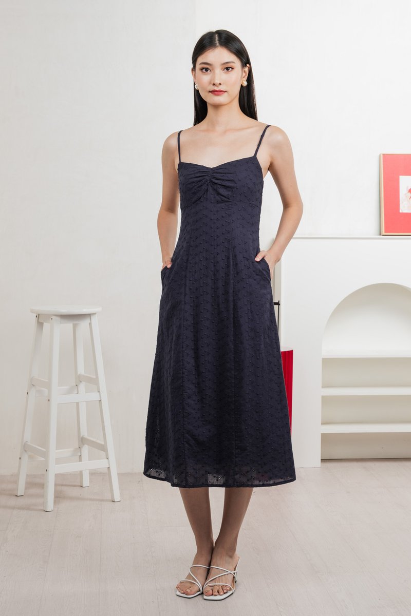 En Embroidery Camisole Midi Dress In Navy