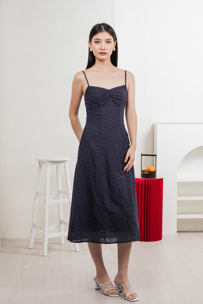 En Embroidery Camisole Midi Dress In Navy