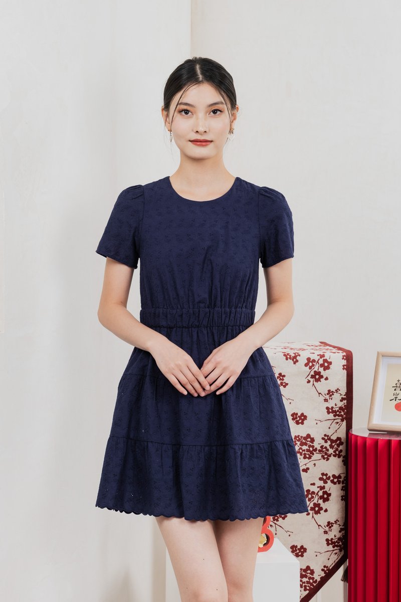Shine Eyelet Embroidery Tiered Dress In Navy