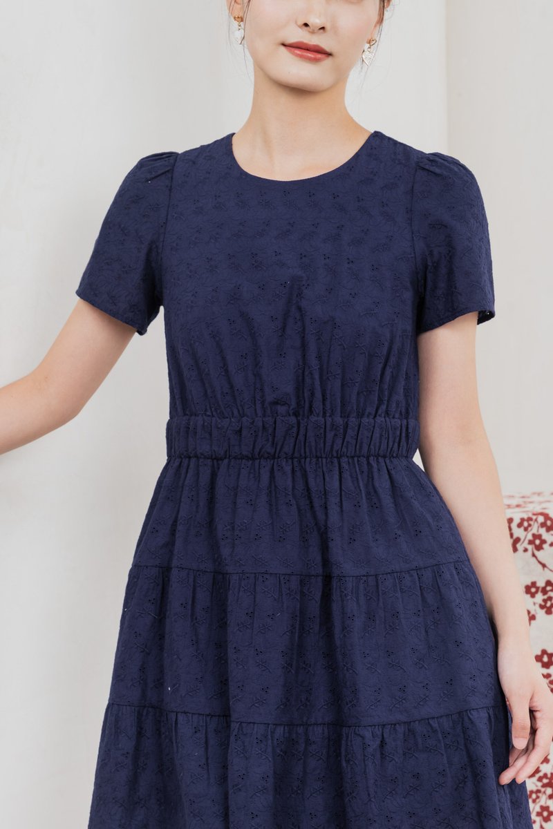 Shine Eyelet Embroidery Tiered Dress In Navy
