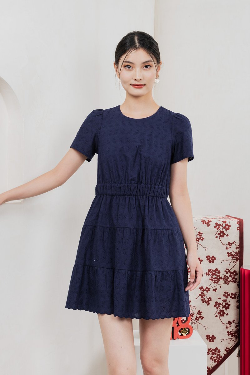 Shine Eyelet Embroidery Tiered Dress In Navy