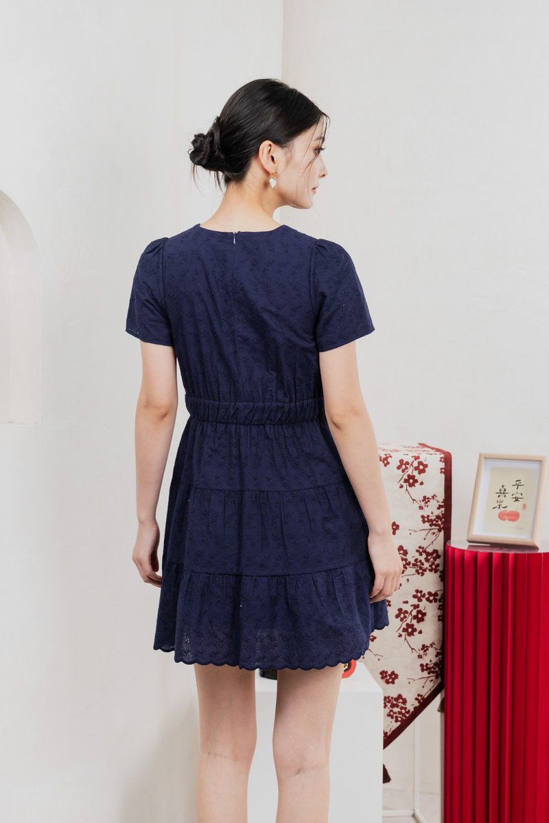 Shine Eyelet Embroidery Tiered Dress In Navy