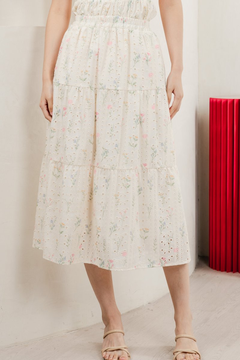 Spring Melody Eyelet Tiered Midi Skirt