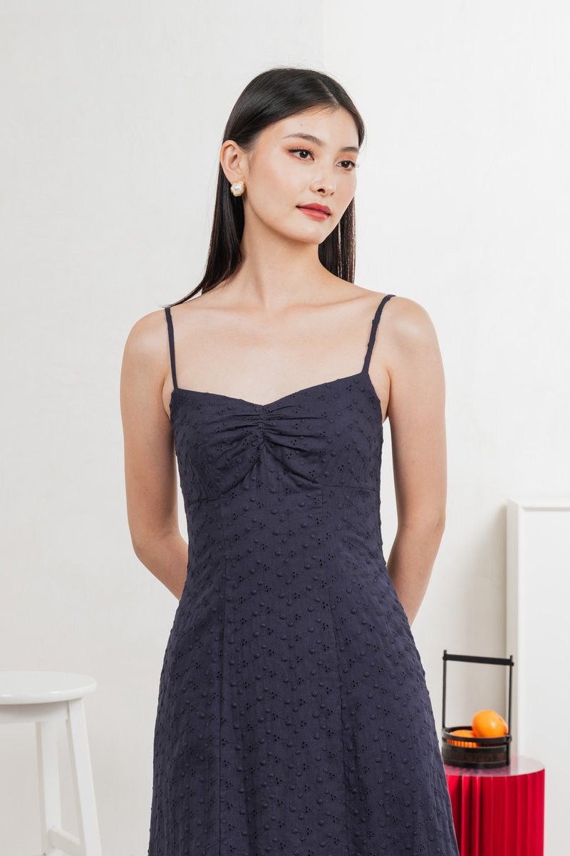 En Embroidery Camisole Midi Dress In Navy