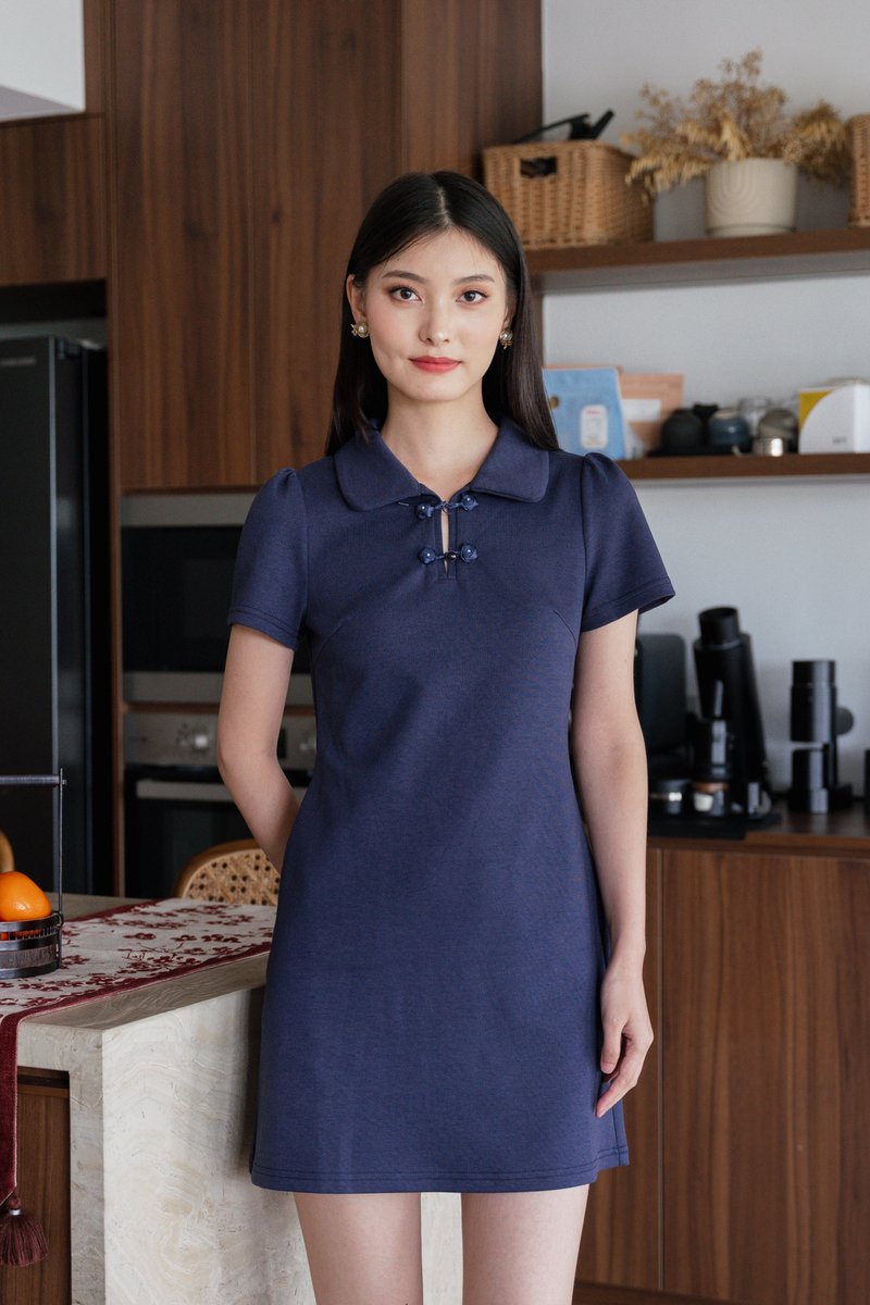 Yue Rose Cheongsam Polo Dress In Navy